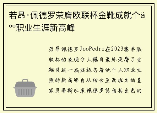 若昂·佩德罗荣膺欧联杯金靴成就个人职业生涯新高峰